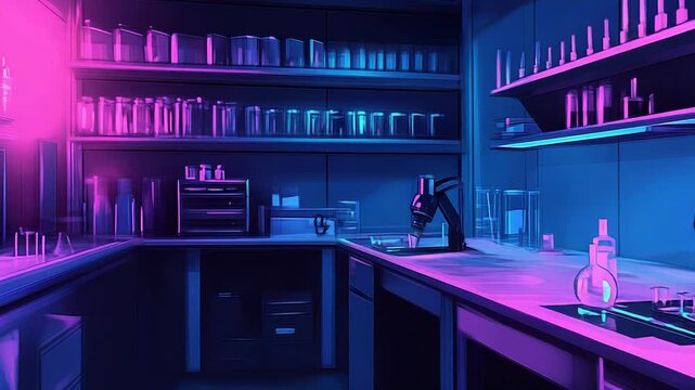 Modern laboratory with neon lights shining on equipment and shelves