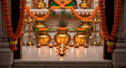 Fototapeta premium Traditional Hindu altar decorated with marigold garlands and lit diyas in a temple