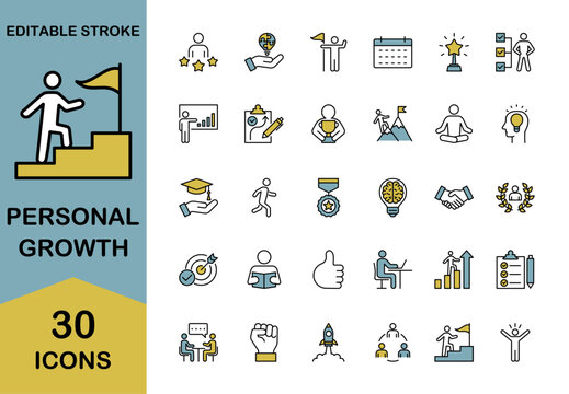 Personal growth line icon set – Includes skill, success, career and development. Editable stroke. Colored vector illustration.