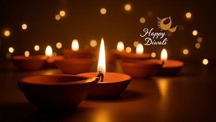 Diwali festival of lights celebration with glowing oil lamps, sparkling fireworks, colorful rangoli, marigold flowers, candles and lanterns creating a vibrant traditional indian cultural holiday backg
