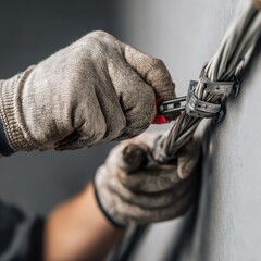 Electrician working on wire connections indoors during daytime maintenance task in a modern building
