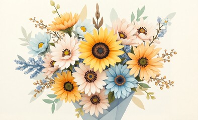 A watercolor painting depicts vibrant, abstract floral shapes in blues, greens, and yellows, showcasing a fluid, organic pattern with a smooth, matte surface and conveying a peaceful mood.
