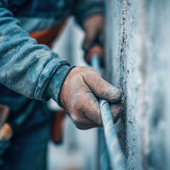 Construction worker securing rebar while constructing a building in an urban setting during daylight hours