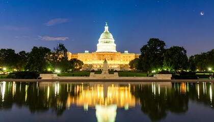 US Capitol Building at night reflecting in a pond
