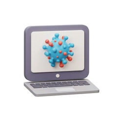 A stylized laptop displays a three-dimensional illustration of a virus, representing digital health information and online awareness.