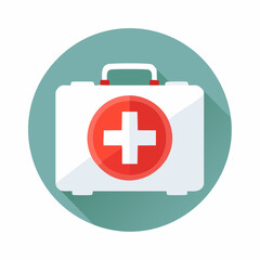 Obraz premium First aid kit displayed on a circular teal backdrop symbolizes healthcare and emergency preparedness with a clean, modern aesthetic.