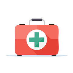 Obraz premium Red first aid kit with green cross sitting on white surface providing medical assistance and emergency care in a clean and modern style.