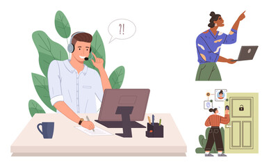 Man at desk handling customer support call, colleague collaborating on laptop, woman managing a secure digital lock. Ideal for teamwork, technology, communication, cybersecurity, remote work