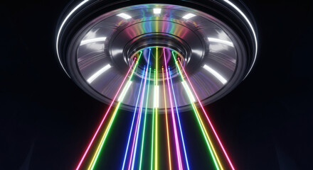 Close-up of a UFO with colorful laser beams against a dark background