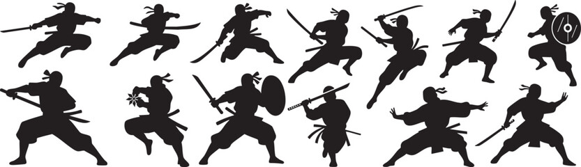 Dynamic ninja warriors in action poses with swords and shields, striking with stealth and power © injala
