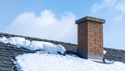 Snowy roof with brick chimney