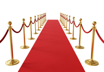 Red carpet with golden stanchions and velvet ropes on transparent background