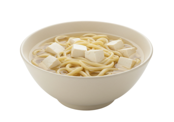 Noodle soup with tofu light colored broth pale yellow noodles white cubed tofu in off white bowl