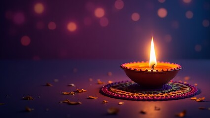 Diwali festival of lights celebration with glowing oil lamps, sparkling fireworks, colorful rangoli, marigold flowers, candles and lanterns creating a vibrant traditional indian cultural holiday backg