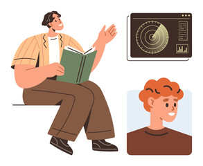 Person reading and gesturing with an open book, radar screen displaying data insights, profile portrait of another individual. Ideal for analysis, learning, engineering, networking, teaching, remote