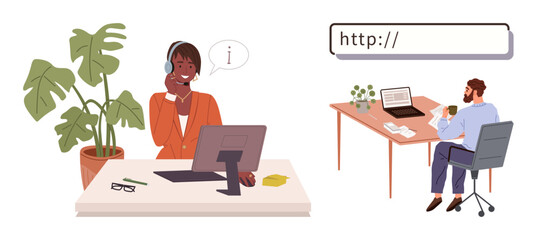 Woman providing support via headset at desk alongside coworker browsing on laptop. Ideal for customer service, communication, tech support, remote work, teamwork, business, digital interaction