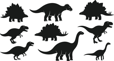 Black silhouette vector illustration set of eight dinosaur species including Stegosaurus, Tyrannosaurus, and Brachiosaurus for prehistoric and educational themes