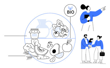 Fresh fruits, vegetables, jar, and pitcher inside a circle, highlighting organic bio focus. Professionals discussing and handshaking. Ideal for nutrition, health, teamwork sustainability organic