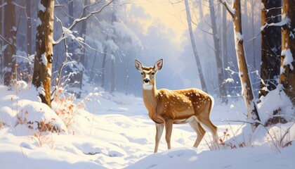 Fototapeta premium A serene winter scene portrays a deer in a snowy forest, bathed in warm sunlight.