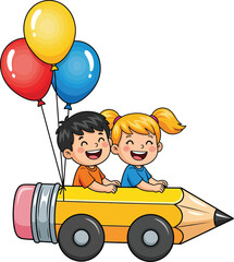 Naklejka premium Happy Kids Riding Pencil Car with Balloons Cartoon Illustration