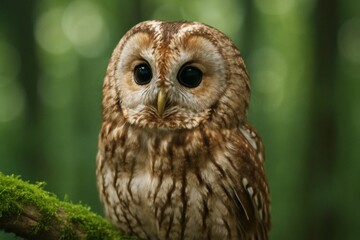 Fototapeta premium Tawny owl with deep black eyes sits on green mossy branch, captured in natural style, set against a blurred forest background, symbolizing wildlife
