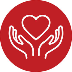 Healthcare Support Icon. Hands Embracing Heart in Red Circle Representing Care, Empathy, and Medical Aid.