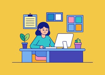 Young Woman Working at Desk in Modern Office