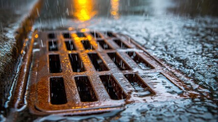 Close-up of rusty metal drain grate on wet street surface du rainy weather, urban urban drainage infrastructure daytime