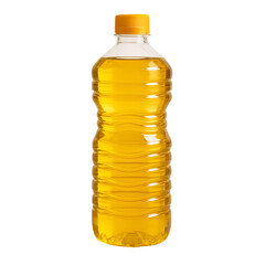 Clear plastic bottle filled with golden cooking oil isolated on transparent background