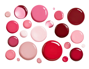 A variety of round, glossy lip colors, in shades of pink, red, and burgundy