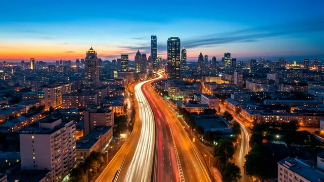 A vibrant cityscape at dusk, showcasing a bustling highway with light trails and skyscrapers