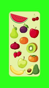 Assorted Fruits Arranging Vertically on Bright Green Background Animation