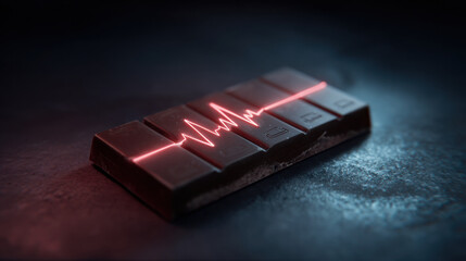 Dark chocolate bar glowing line neon pulse heartbeat waveform moody lighting macro futuristic concept