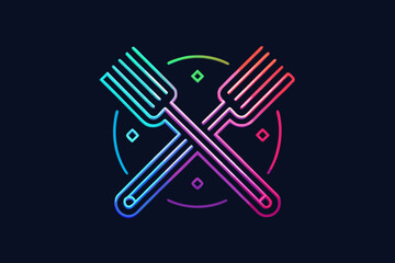 Fork and knife crossed glowing neon minimal line dining food symbol