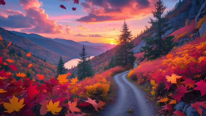 Autumn mountain landscape scenic view fall foliage sunset trees road nature travel destination beautiful
