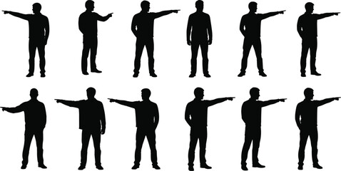 Black silhouette vector illustration set of twelve men pointing in various standing poses for gesture, presentation, signage, and interface design