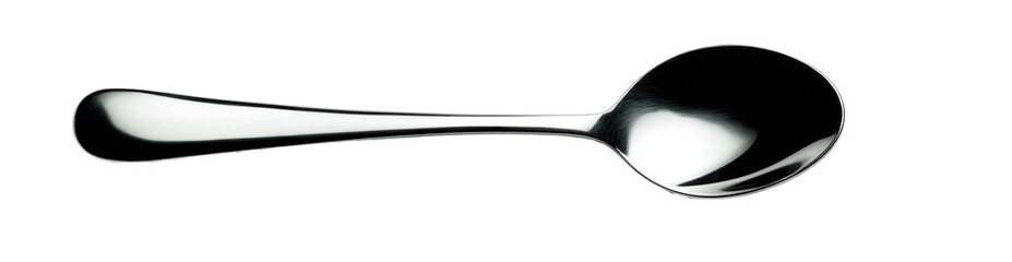 A detailed image of a simple, polished, silver-toned spoon, with a slightly ornate handle