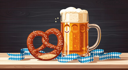 Oktoberfest Celebration Featuring Foamy Beer Mug and Bavarian Pretzel on Rustic Wooden Table with Traditional Ribbon Decor