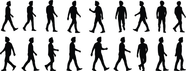 Black silhouette vector illustration set of walking male figures showing human gait cycle for animation, biomechanics, motion study, and urban design