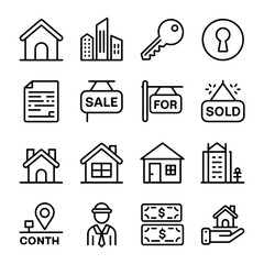 Real Estate, Property, and Sale Icons Set for Housing, Transactions, and Listings