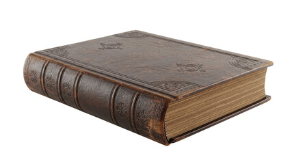 Obraz premium Heavy, ancient, dark brown leather-bound tome, intricately embossed with faded mysterious symbols, worn with patina, on transparent background, ample copy space. Concept of ancient wisdom and