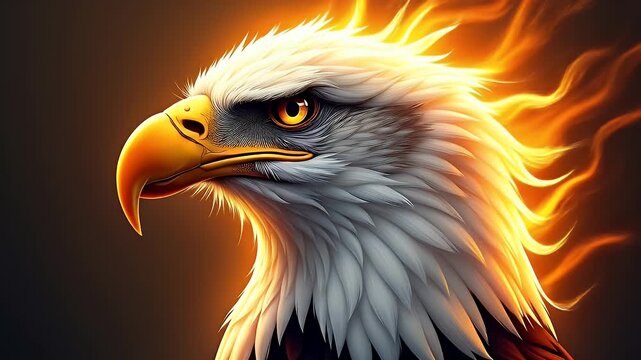 Stylized eagle head illustration with flames and glowing aura, symbol of strength and freedom.