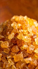 Golden brown sugar crystals close-up