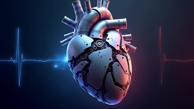Futuristic robotic heart with gears and glowing circuits pumping energy, symbolizing fusion of technology and life.