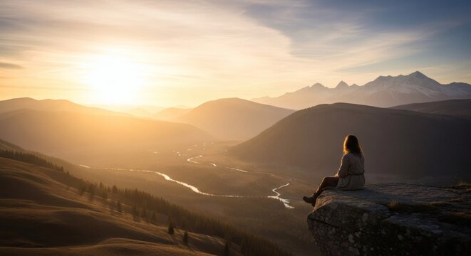 A lone person sits on a cliff edge, gazing at a breathtaking sunset over a vast mountain range and winding river valley, evoking peace and contemplation. - Powered by Adobe