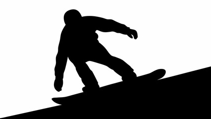 Silhouette of a snowboarder riding down a slope against a white background in a dynamic action pose