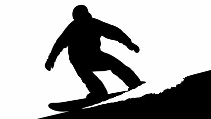Silhouette of a snowboarder in action riding down a slope against a white background creating a dynamic scene