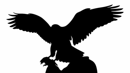 Silhouette of a falcon with outstretched wings perched on a gloved hand in a stark black and white image