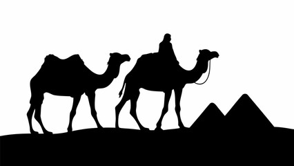 Silhouette of two camels with a rider near pyramids against a white background in a desert landscape