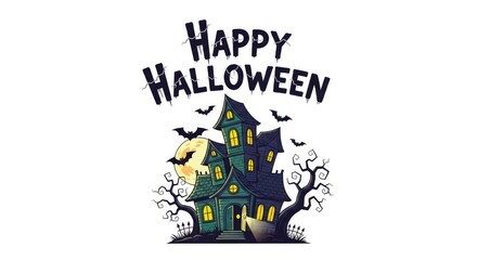 Spooky haunted house with bats under a full moon celebrating Halloween night